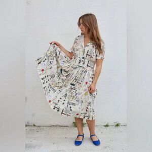 Caron Callahan Rosie cream doodle print dress Size Medium